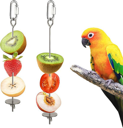 2 Pcs Bird Cage Food Holder Stainless Steel Parrot Fruit & Vegetable Skewer Hanging Foraging Toy for Parakeets, Budgies, Macaws