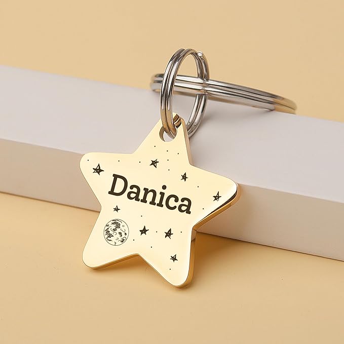Anavia Small Size Dog Cat ID Tags, Small/XS Personalized Color Plated Stainless Steel Puppy Kitten Name Tags, Customized Engraved Nameplate Pet Collar Tag (Blue, Star)