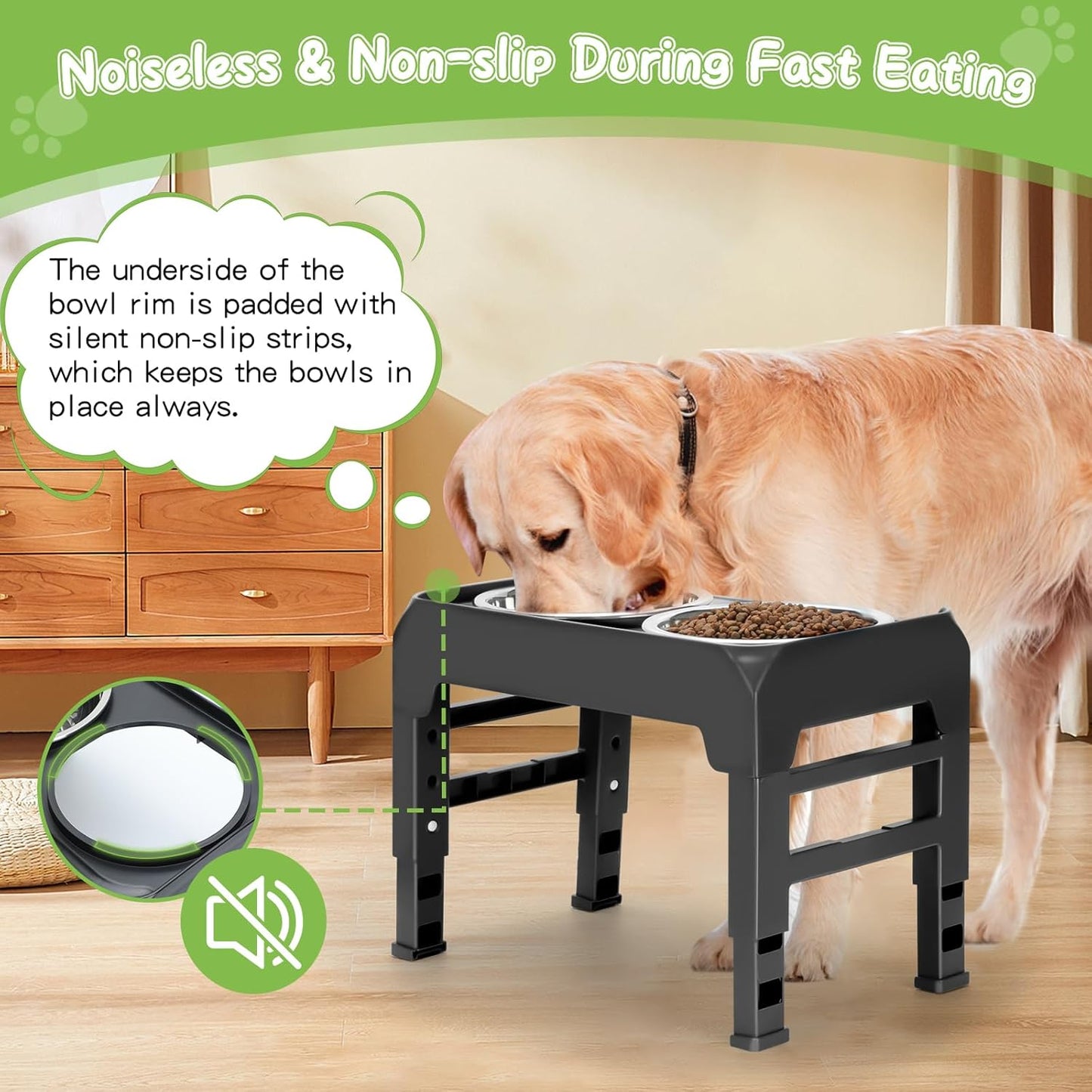 Elevated Bowls with Adjustable Heights - Raised Stand with 2 Stainless Steel Food Bowls, Non-Slip Foldable Feeder for Medium Large Dogs, Adjusts to 12.36", 10.75", 9.2", 3.7", Black