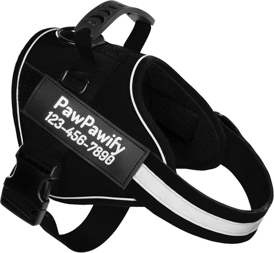 PawPawify Custom No Pull Dog Harness with Name and Phone Number, Heavy Duty Personalized Pet Vest to Prevent Tugging, Pulling, or Choking, Training and Walking (New Black, L (Chest 23-30in))