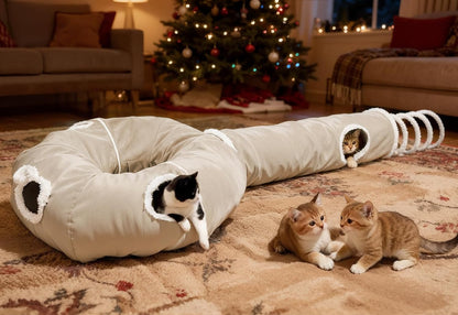 Ownpets 2-in-1 Cat Tunnel Bed, Lollipop Shape Large Cat Tunnel Toy, Plush Foldable Cat Cave Hideout Donut Tunnel for Kitten Rabbit Ferret, Beige