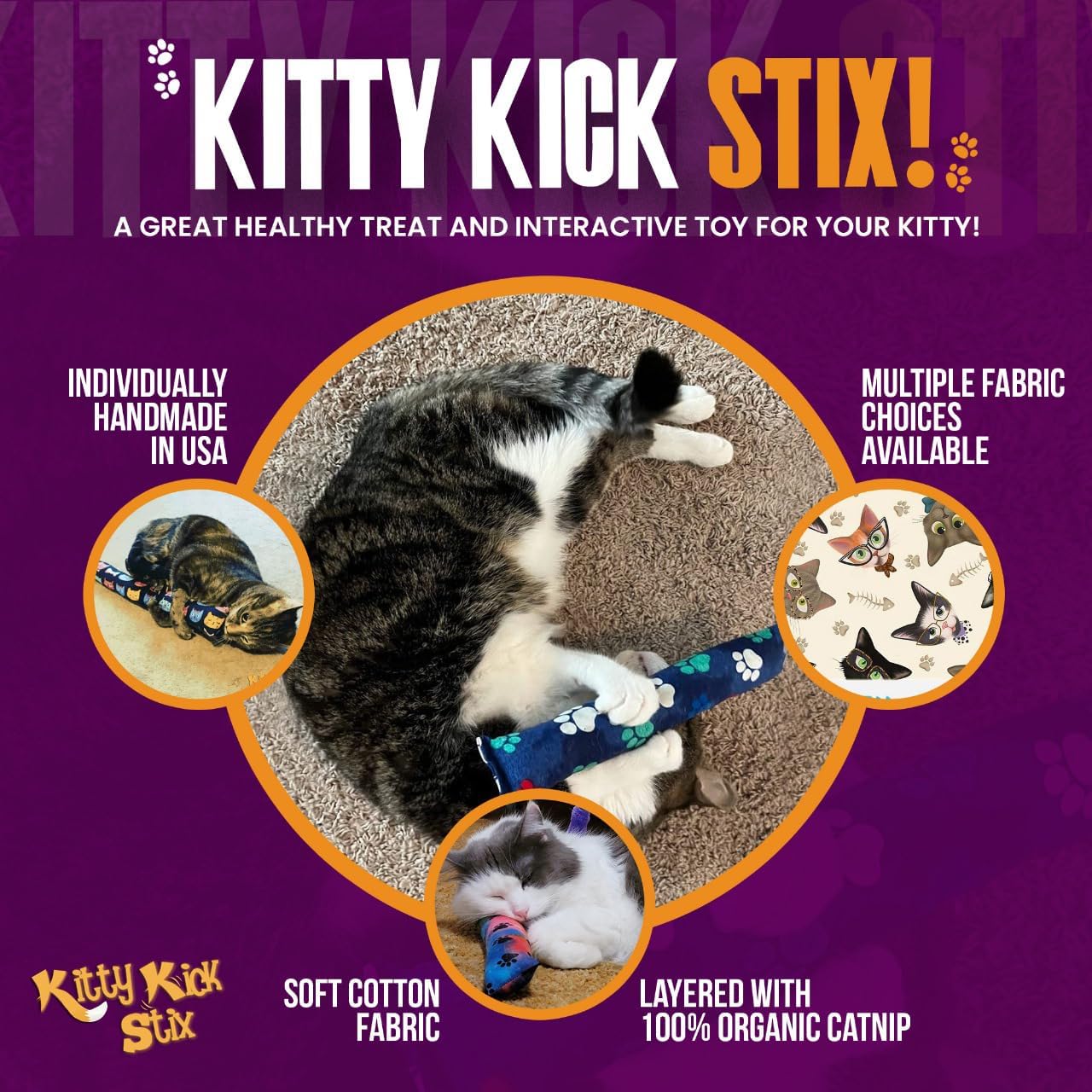 Kitty Kick Stix 15" Catnip Kicker Toy – Set of 2 | Handmade in USA | Interactive Cat & Kitten Toy | Durable Kicker Packed with 100% Potent Catnip for All Breeds (Cat Selfies)