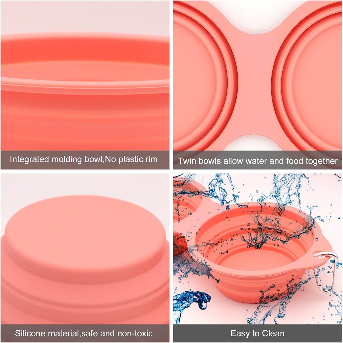 SLSON Collapsible Dog Bowls,Integrated Molding Dog Double Bowl No Plastic Rim 2 in 1 Foldable Pet Food & Water Bowl Cat Feeder Dish for Walking,Hiking,Camping (Coral Pink)