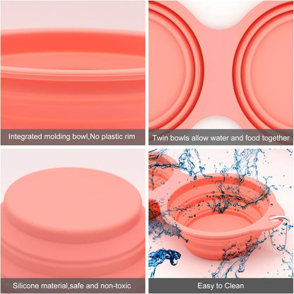 SLSON Collapsible Dog Bowls,Integrated Molding Dog Double Bowl No Plastic Rim 2 in 1 Foldable Pet Food & Water Bowl Cat Feeder Dish for Walking,Hiking,Camping (Coral Pink)