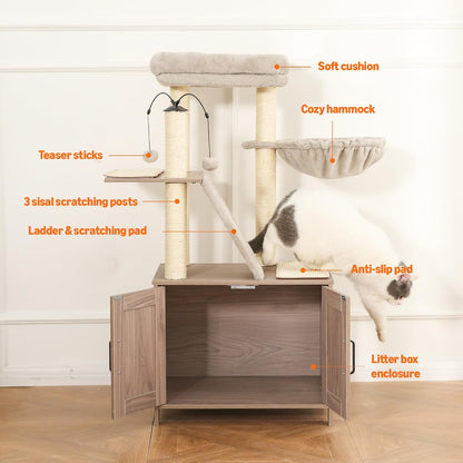 Amazon Basics Furniture Style Cat Tree with Litter Box Enclosure, Cat Tree with Scratching Posts, Sisal Pad, Cozy Perch and Hammock