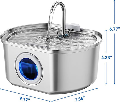 Cat Water Fountain Stainless Steel: 108oz/3.2L Cat Fountain for Drinking- Pet Water Fountain for Cats Inside - Automatic Cat Water Dispenser Bowl - Cat Feeding & Watering Supplies - Water Level Window