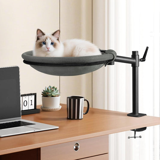 Cat Desk Bed - Sturdy Cat Bed for Desk with 360° Rotating & Adjustable Height, Elevated Cats Nest Perch for Desk, Grey
