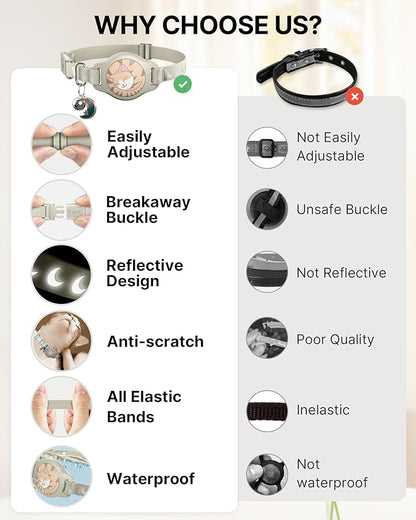 Cat Collar with Airtag Holder, Breakaway Airtag Cat Collar for Apple Air Tag with Luminous & Reflective Pattern, Waterproof GPS Cat Tracker Collars for Boy Girl Cats Kittens with Bell, Khaki (8-12")
