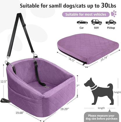 Dog Car Seat for Small Medium Dogs,Detachable Washable Dog Booster Seat Under 30lbs, Pet Car Seats Travel Bed with Storage Pockets and Safety Belt (Purple)