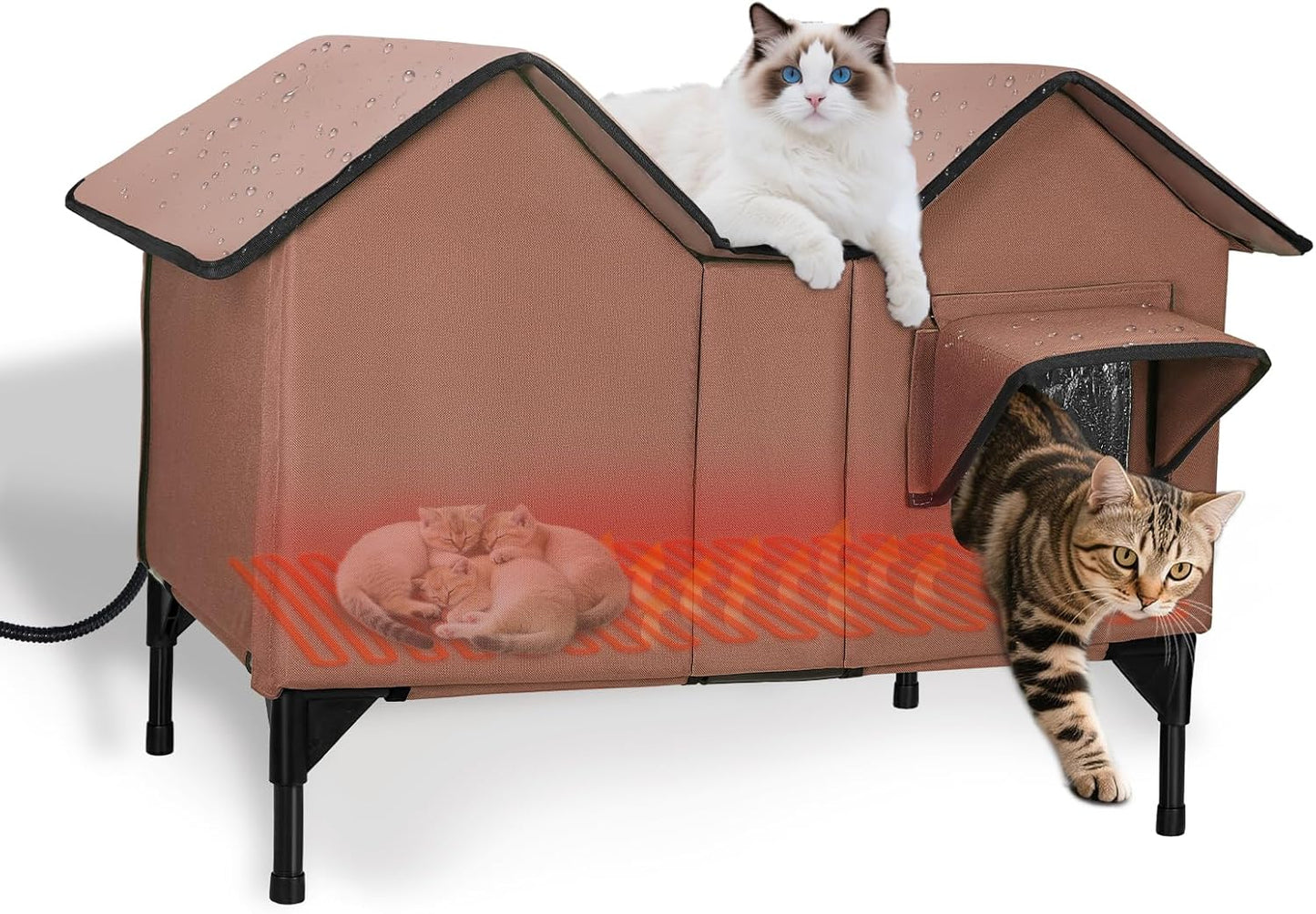 Extra Large Heated Cat House for Outside in Winter, Elevated Heated Outdoor Cat House Weatherproof with Heating pad, Insulated Outdoor Cat Shelter for Multiple Cats Small Dogs (Brown)