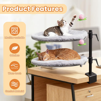Double Cat Desk Bed, 360° Rotating & Adjustable Desk Mount with Soft Faux Fur & Breathable Mesh Accessories, Ergonomic Cat Perch for Remote Workers,Gamers, and Office Staff - Supports up to 44 lbs