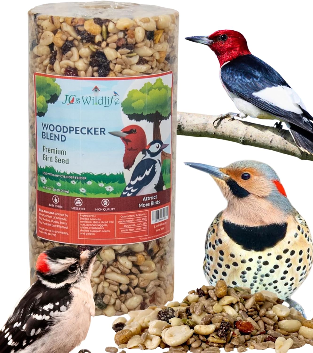JCs Wildlife Woodpecker Blend Premium Bird Seed 2 lb Small Cylinder with Hole (1 Cylinder)