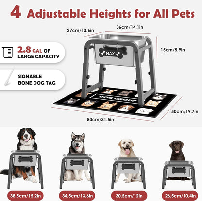2.8 Gallon Elevated Dog Water Bowl, ADENGL Height Adjustable (10.4–15.2'') Raised Stainless Steel Bowl with Spill-Proof Mat & Sturdy Metal Stand, Tip-Proof, Easy to Clean, Indoor & Outdoor Use