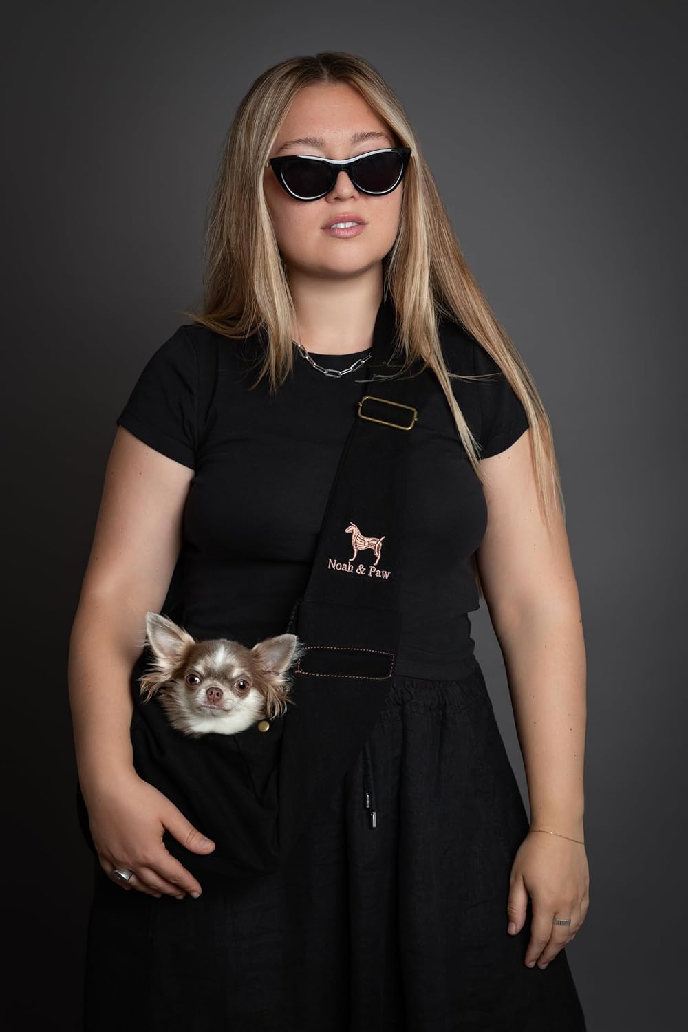 Noah & Paw Dog Sling Carrier for Small Dogs 3-10lb, Dog Sling for Small Dogs and Cats, Dog Carrier with Adjustable Padded Strap, Premium Denim, Lined with Fur, Double Safety Feature, Machine Washable