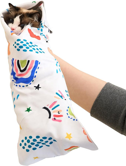 27.6" X27.6" Rainbow Cat Grooming Wrap for Cutting Nails Self-Adherent Fabric Wrap for Cats Anti-Scratch Anti-Escape Grooming Bag Pet Tool