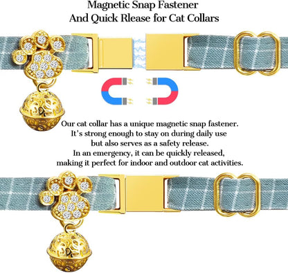 Personalized Breakaway Cat Collars - Magnetic Buckle, Bell - Safety Quick Release, Customized for Girls & Boys Cats- (Checkered-Cyan)