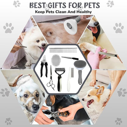 Dog Brush & Grooming Kit – 9-Piece Pet Brush & Deshedding Set for Shedding, Bathing, Trimming & Nail Care | Grooming Tools for Dogs & Cats, Includes Comb, Nail Clipper, Scissors, Slicker Brush (Gray)
