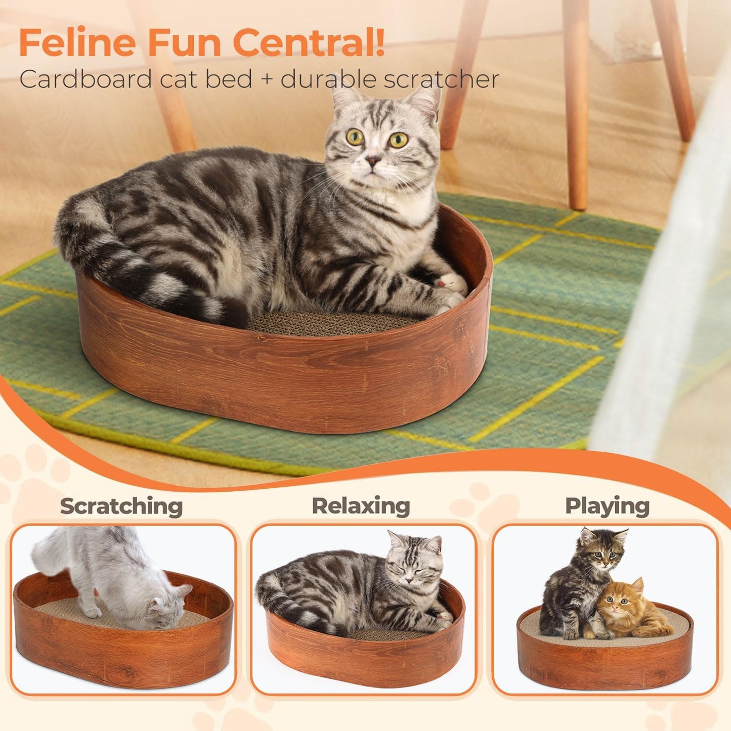 3 Pcs Cat Scratching Board with Box, 2 in 1 Cardboard Cat Scratchers Bed for Indoor Cats, Round Scratch Bowl with Thicker Double-Sided Pad for Cats' Scratch Need