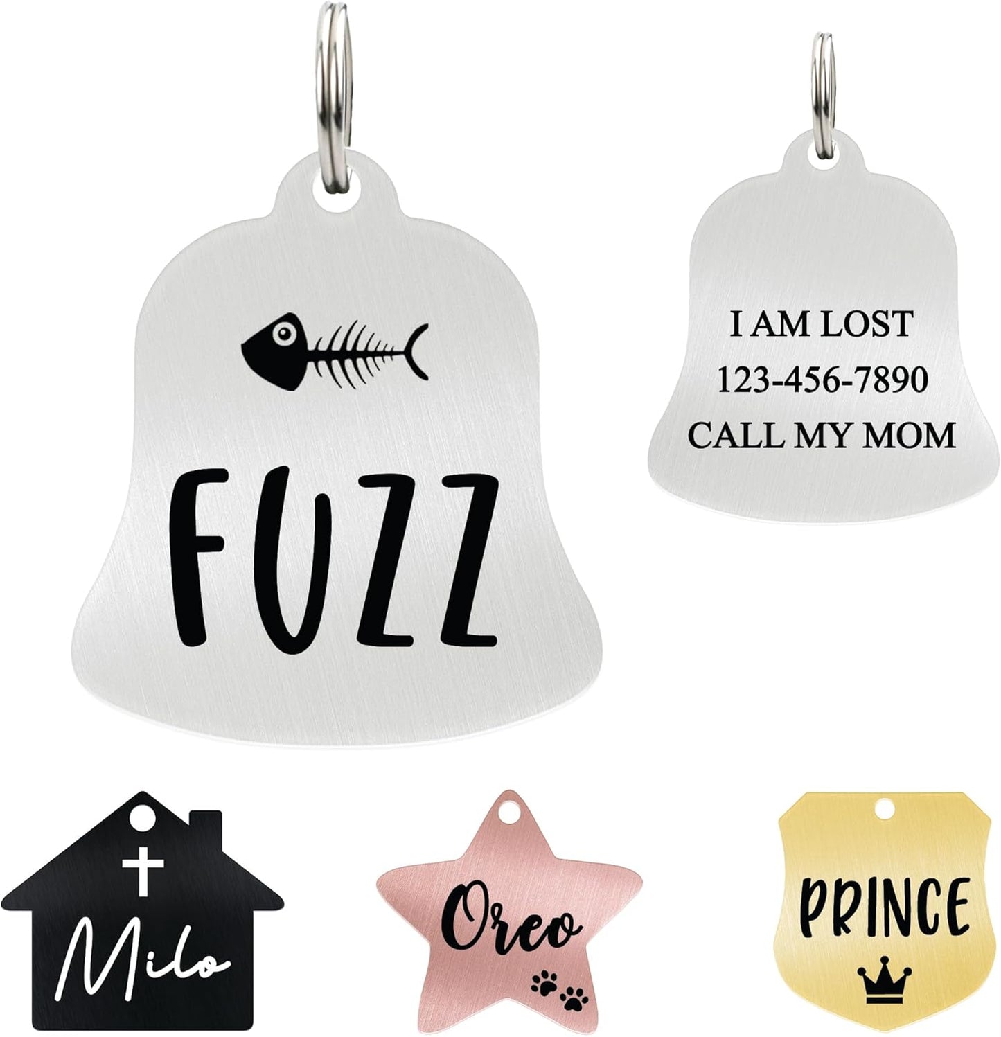 Ultra Joys Cat ID Tag Personalized Pet Tags, Durable Stainless Steel Small Pet Mini Dog Cat Tag Lightweight - Bell Tag in Silver