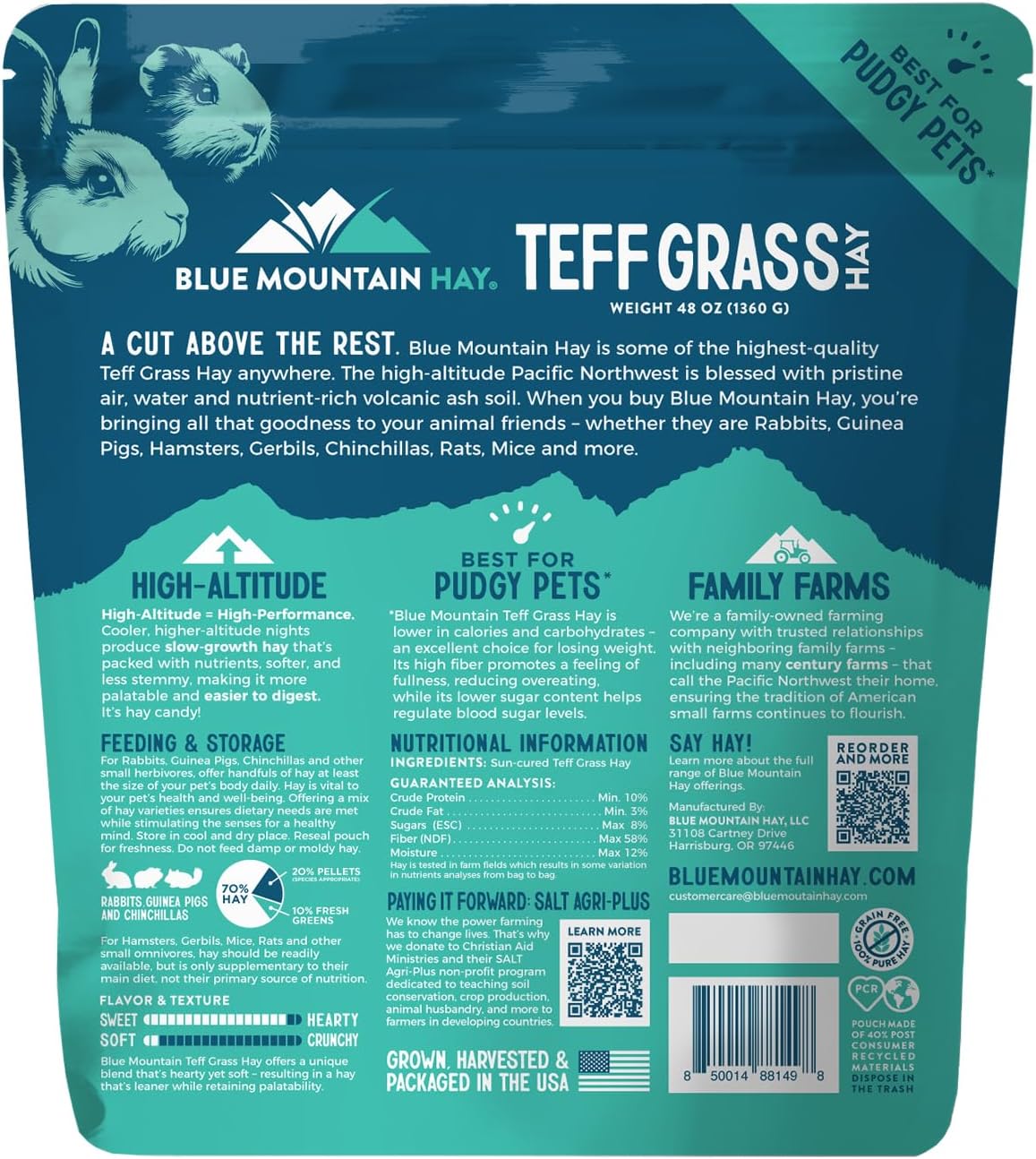 Blue Mountain Hay | Fresh Teff Grass Hay (48 Ounce) | Low NSC, High Fiber, Healthy Weight Management | High-Altitude Hay Pet Food for Rabbits, Guinea Pigs, Chinchillas, Hamsters, and Other Small Pets