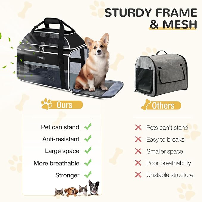 Lekereise Top-Expandable Pet Carrier - TSA Airline Approved Soft Sided Underseat Up to 15lbs Travel Carriers for Small Cats and Dogs with Locking Safety Zippers Anti-Scratch Mesh Black Large