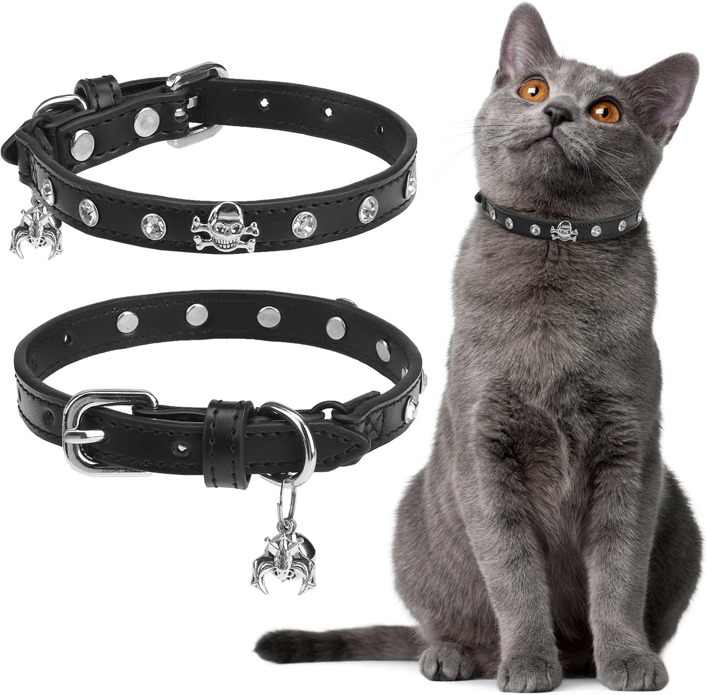 EXPAWLORER Halloween Leather Cat Collar - Adjustable Pet Collar with Rivet Spike for Girl Boy Cats, Punk Accessories with Bell & Durable D-Ring,White Diamond Skull