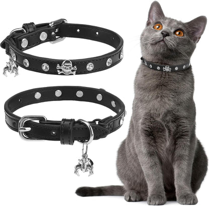 EXPAWLORER Halloween Leather Cat Collar - Adjustable Pet Collar with Rivet Spike for Girl Boy Cats, Punk Accessories with Bell & Durable D-Ring,White Diamond Skull