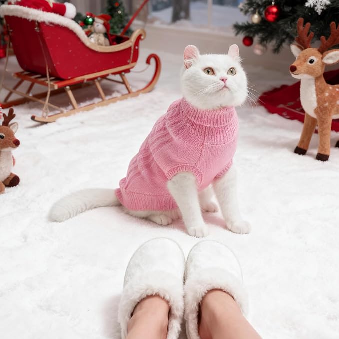 BINGPET Cat Sweater,Thermal Knitted Kitten Clothes Winter Coat,Classic Knit Turtleneck Cat Sweaters for Cats Only,Warm Pet Clothes for Kittens & Small Dogs Puppy Boy Girl Indoor Outdoor(Pink,L)