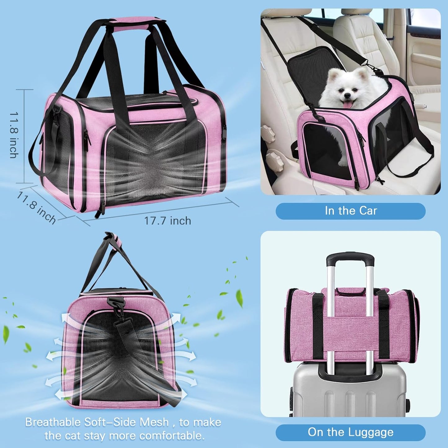 Large Cat Carrier with Litter Box for Traveling & Camping, Soft-Sided Pet Carrier Fit Pets Up to 20lbs,17.7' * 11.8 * 11.8 inches Cat Travel Carrier - Pink