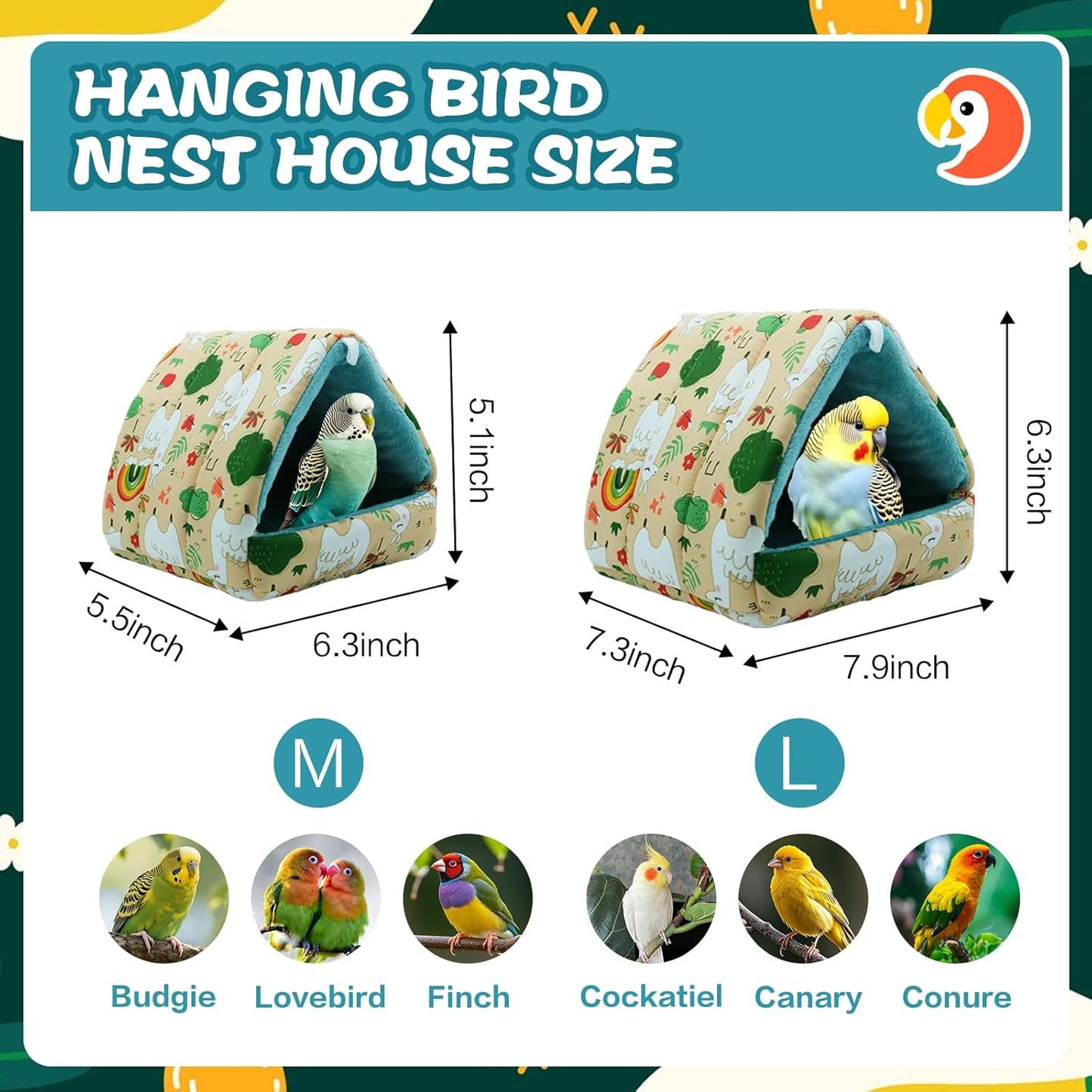 SUSOO Plush Warm Bird Nest House - Hanging Snuggle Bed Velvet Shed Hut Cage Fluffy Hideaway Winter Sleeping Hammock for Parrot Parakeet Conure Cockatiel Budgies Lovebird (Green, M)