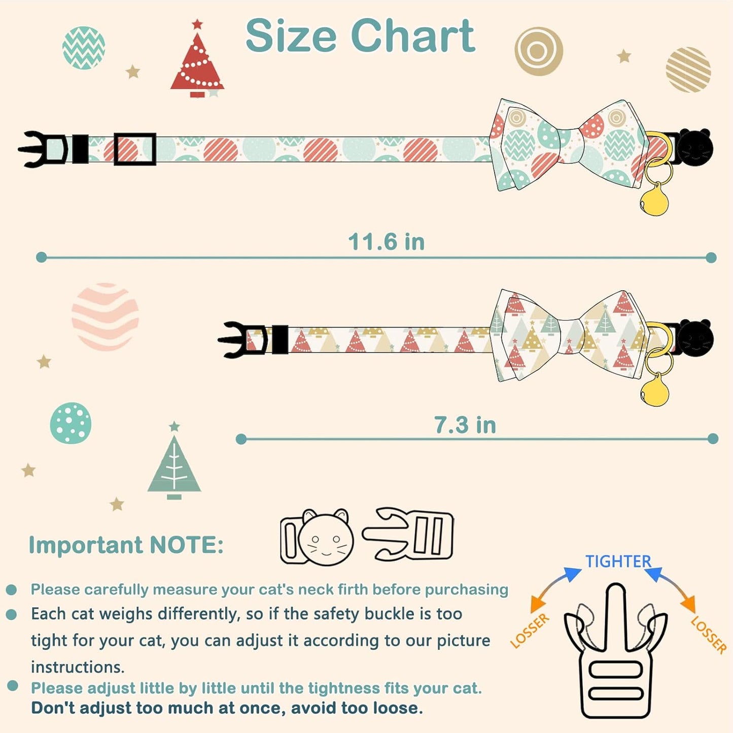 2 Pack Cotton Christmas Cats Collar with Bow Tie Beige Red Green Cat Collars for Girl Female Boy Male Cat Collar with Bell Christmas Trees Charms