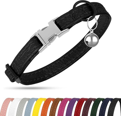 Leather Cat Collar with Buckle and Removable Bell - Non Breakaway Adjustable Soft Safety Small Pet Collars for Girl Boy Cats Kitten (Black)