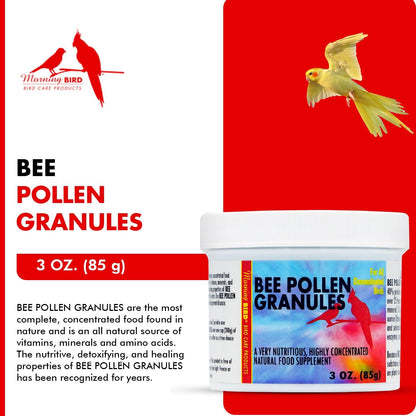 Morning Bird Bee Pollen Granules 3 Oz – Naturally Immune Support & Protein Powder for Birds – Boosts Strength, Feather Health & Energy Supplements – Easy to Mix with Food for All Bird Types