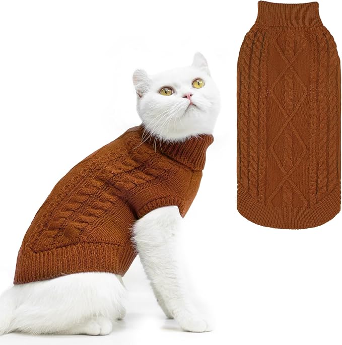 PUPTECK Winter Cat Sweater Coat - Soft Warm Cold Weather Clothes Knitwear for Kittens & Small Dogs Indoor Outdoor Wearing, Knitted Classic for Doggies Kitties Girls Boys, Brown, L