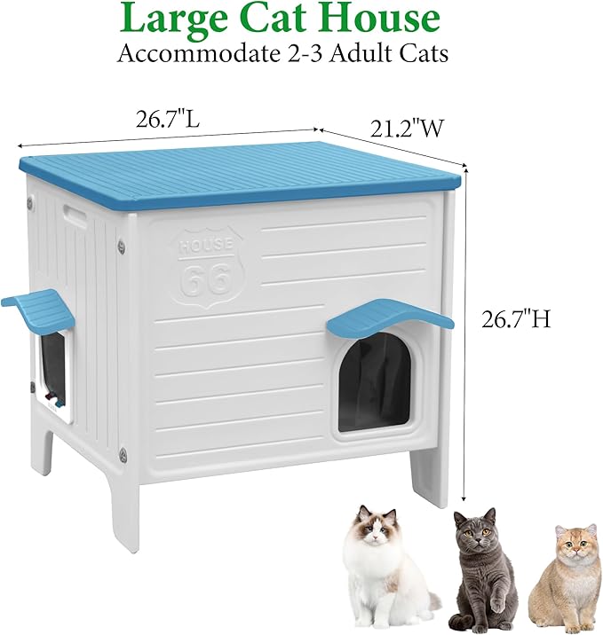 Outdoor Cat House Weatherpoof Large Plastic Cats Houses with Escape Door Indoor Waterproof Feral/Pet Cat Shelter Outside for Multiple Cats (Blue)