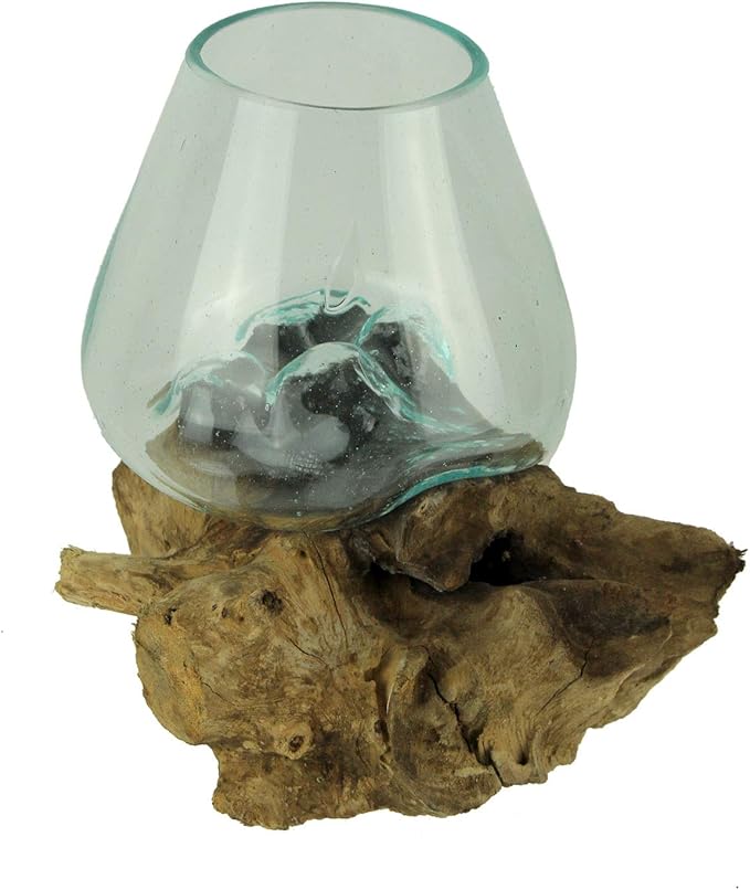 Clear Molten Glass On Teak Driftwood Base Decorative Bowl Vase Terrarium Planter