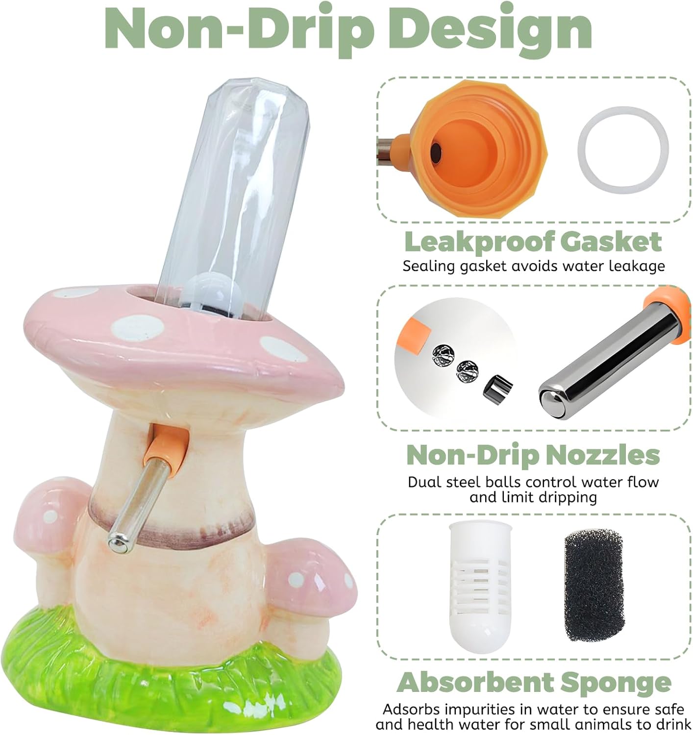 PINVNBY Mushroom Ceramic Hamster Water Bottle 80ML Automatic Gerbil Water Bottle Non Drip with Stand Vertical Hamster Water Dispenser for Guinea Pigs Gerbils Rats Rabbits and Mice (Pink)