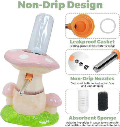PINVNBY Mushroom Ceramic Hamster Water Bottle 80ML Automatic Gerbil Water Bottle Non Drip with Stand Vertical Hamster Water Dispenser for Guinea Pigs Gerbils Rats Rabbits and Mice (Pink)