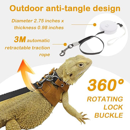 Bearded Dragon Leash and Harness Set - 3-Size Adjustable Soft Leather Vest with Retractable Leash, Easy-Wear Design(Brown, 3M)
