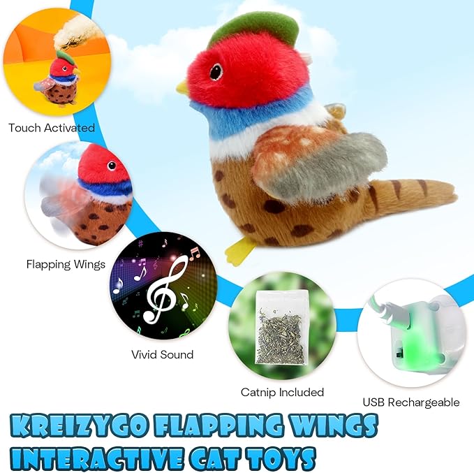 Cat Toys, Flapping Wings Pheasant, No Flying, Chirping Bird Interactive Catnip Toy for Kitten or Small Dogs, Touch Activated, Rechargeable, 3 Modes