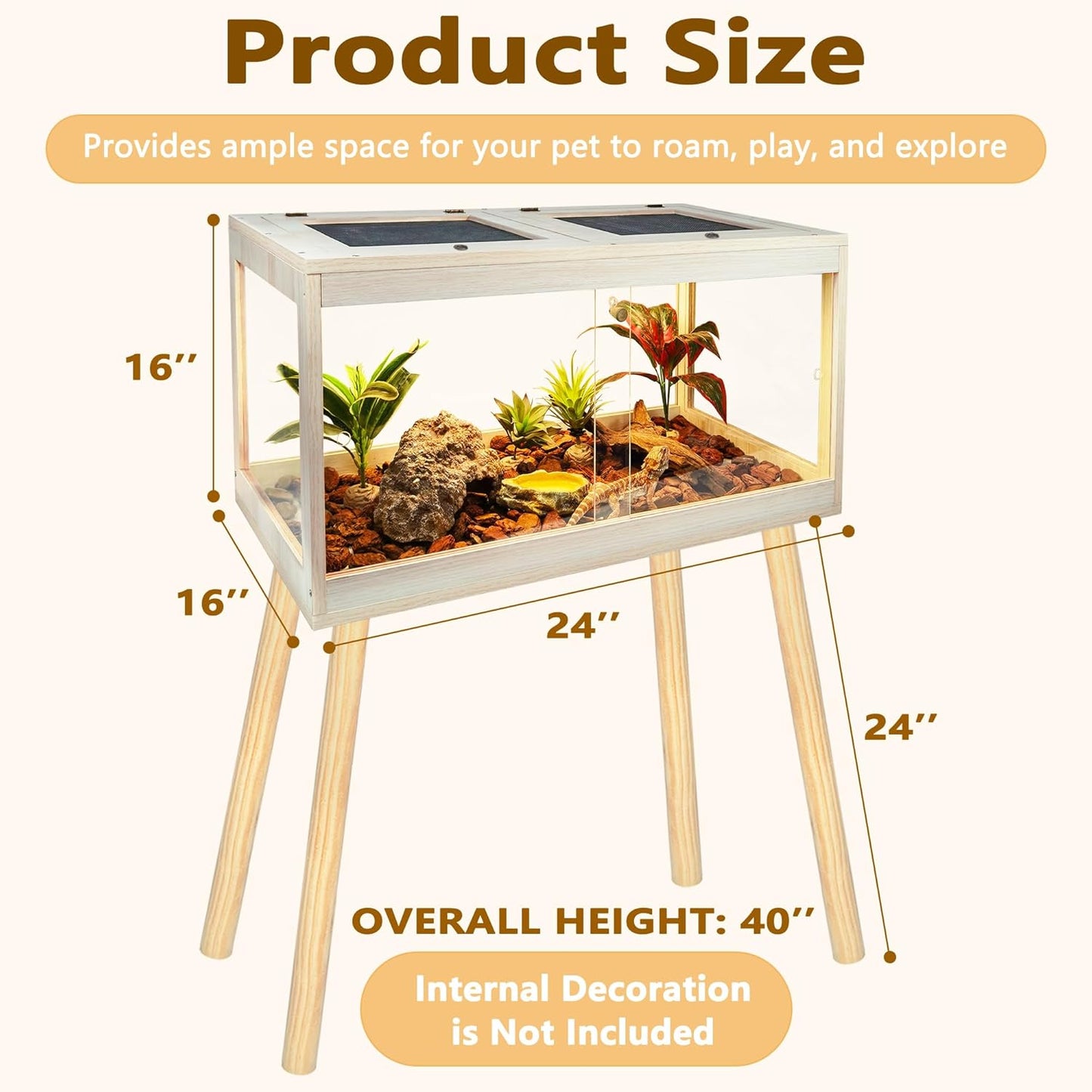 Bearded Dragon Tank with Legs Up to 77 Gallons, Tortoise Habitat with Metal Mesh Top, Reptile Enclosure Lockable Design, Snake Tank (Oak, 24 Gallon, 24" L x 16" W x 40" H)
