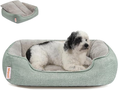 Miguel Faux Linen Dog Bed with Removable Cushion Pillow for Medium Small Dogs, Washable Pet Bed with Side Easy to Wash Puppy Bed, Rectangle Cat Bed for Indoor Cat with Anti-Slip Bottom, Green 25 Inch