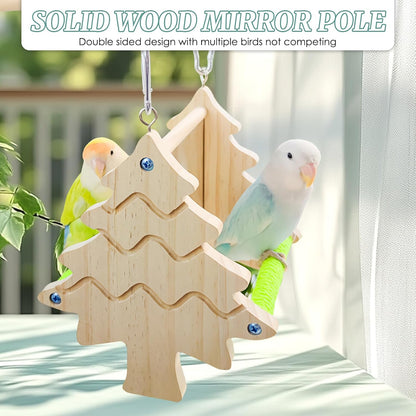 Small Bird Mirror Parrot Swing,Bird Stand Perch Toy,Double Sided Mirror Swing with Chew Flower Perch Safe Parakeet Budgie Cockatiel Cage Accessories for Biting Anxiety.