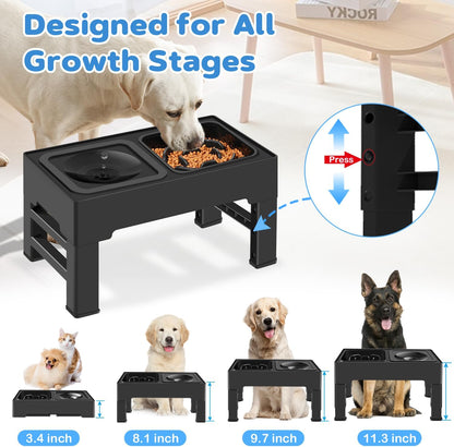 2-in-1 Elevated Slow Feeder Dog Bowls, 4 Height Adjustable Raised Dog Bowls Stand with No Spill Water Bowl, Non-Skid Pet Food Feeding Set for Small, Medium, Large Dogs Cats