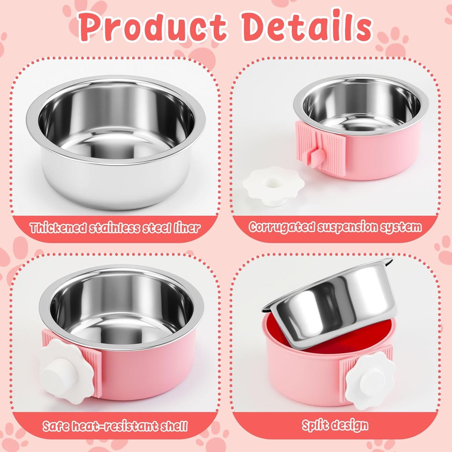 LemonRoad 12 Pcs Crate Dog Bowls Set Removable Stainless Steel Kennel Pet Hanging Food Water Feeder Bowl Cage Coop Cup for Puppy Medium Dog Cat Rabbit Ferret Bird