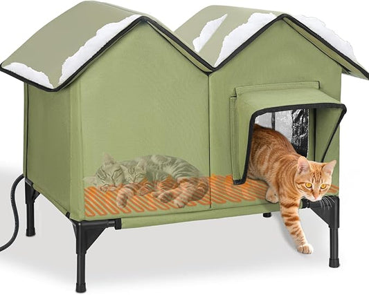 Heated Cat House for Outside, Large Elevated Waterproof Outdoor Cat House Weatherproof with Escape Doors and Heating Pad for Winter, Sturdy Insulated Outdoor Cat Shelter for Multiple Cats, Green
