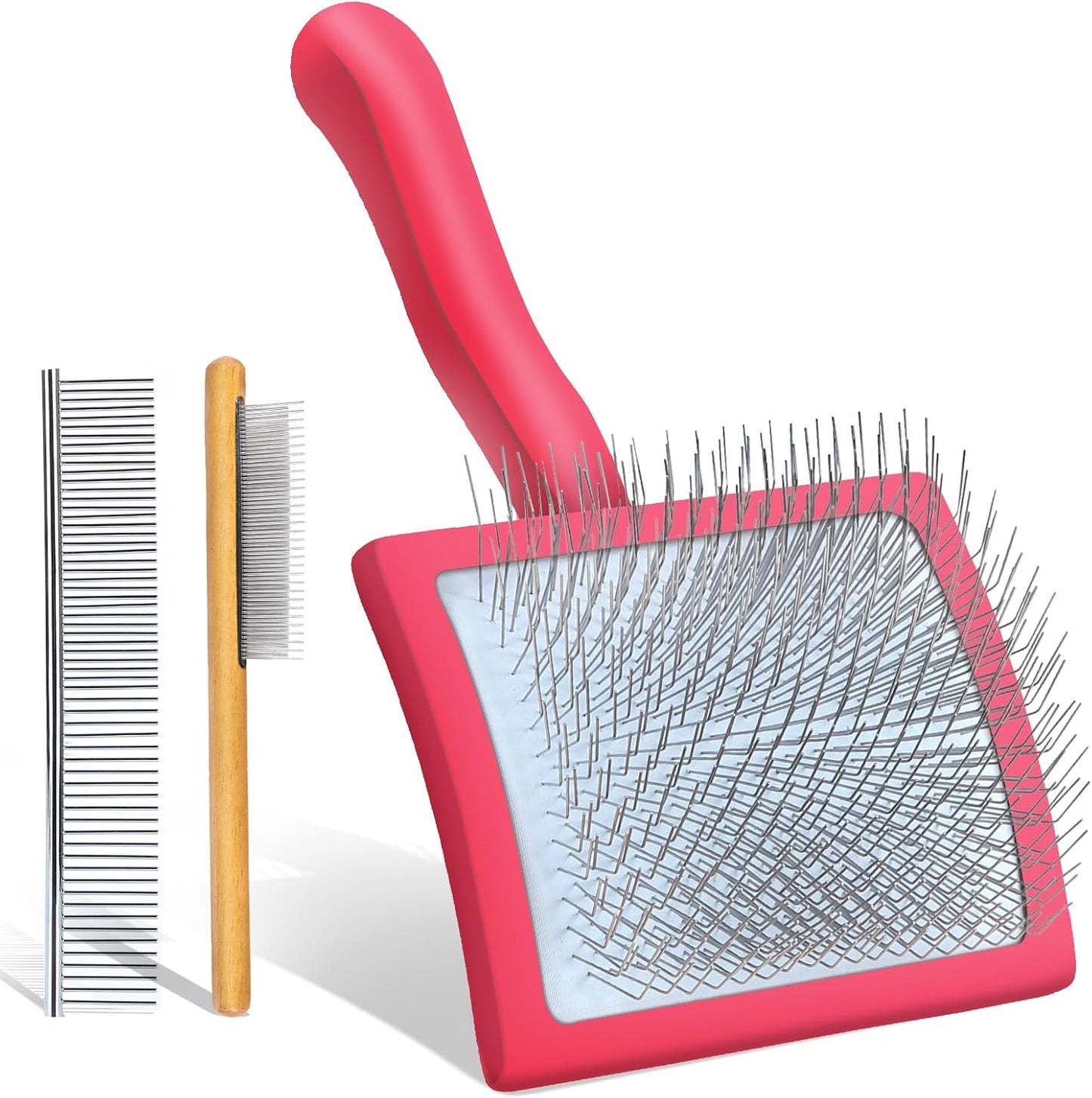 Dog Slicker Brush for Medium or Long Haired Dogs, Removes Loose Hair, Tangles and Knots, Best Grooming Brush for Small Animals, Free Pet Comb, Red