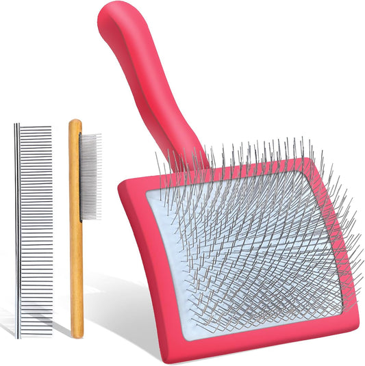 Dog Slicker Brush for Medium or Long Haired Dogs, Removes Loose Hair, Tangles and Knots, Best Grooming Brush for Small Animals, Free Pet Comb, Red