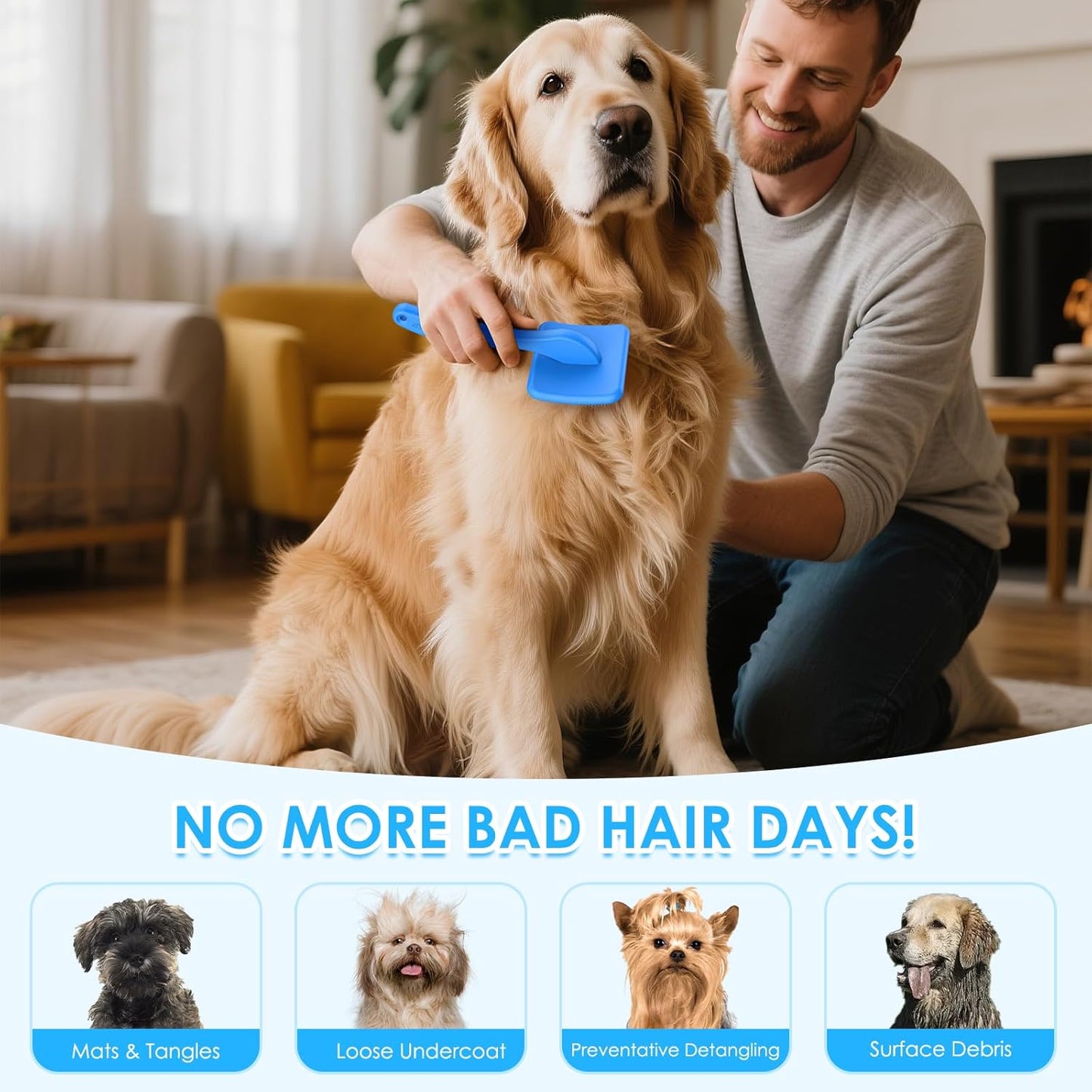 Large Dog Slicker Brush & Comb Set with Leather Sleeves - Long Pin Deshedding Brush for Golden Retrievers, Poodles, Doodles & Thick Coats, Wood Handle Pet Grooming Kit for Dogs, Cats. Blue