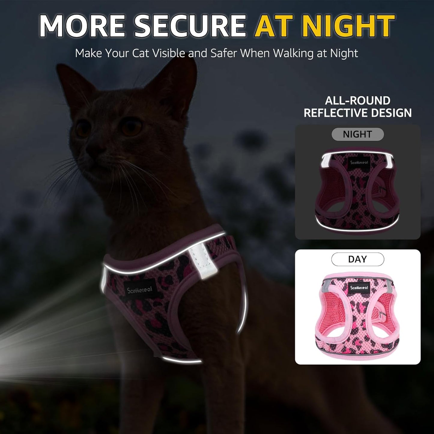SCENEREAL Cat Harness & Leash Set Escape Proof - Adjustable Air Mesh Vest with Reflective Strips for Kittens, Puppies, Rabbits, Pink Leopard S